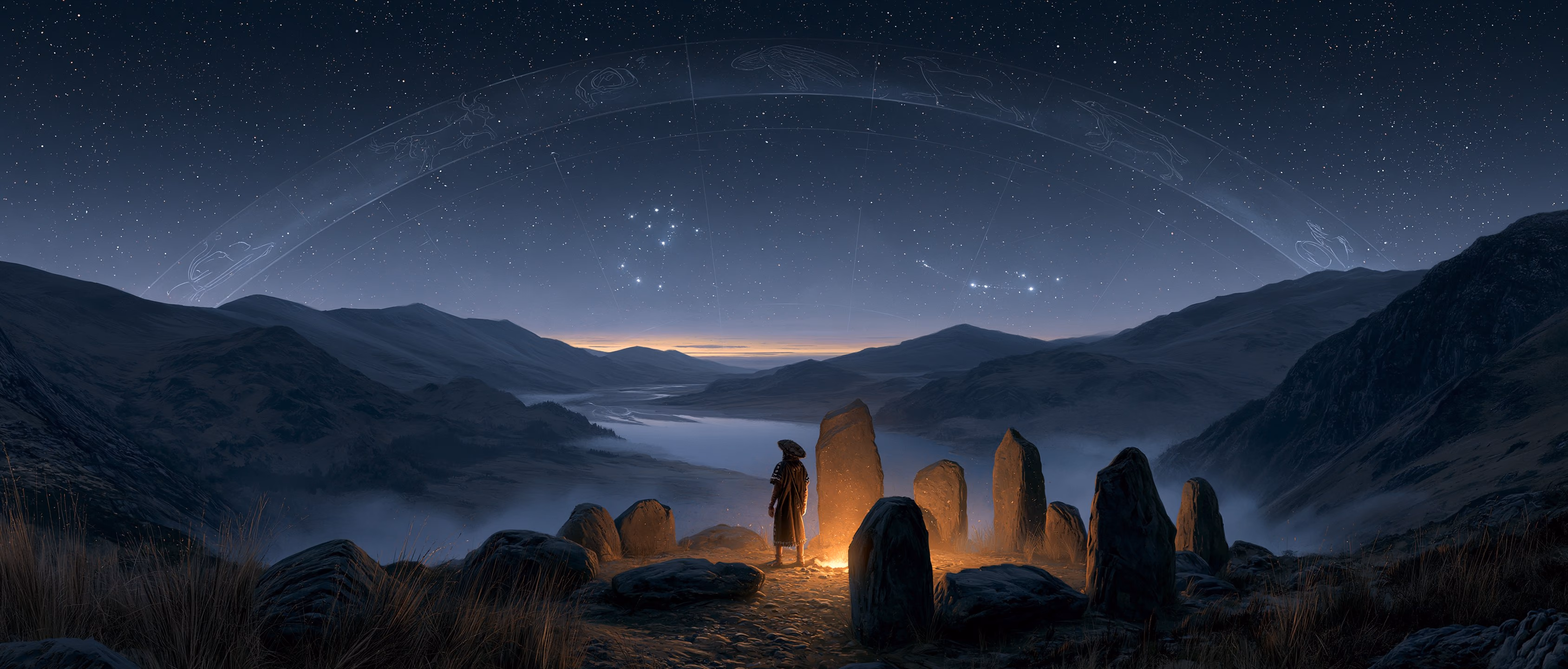 A lone prehistoric skywatcher among weathered standing stones on a Welsh upland ridge, beneath a vast star-wheel of faint zodiac figures arcing over dark mountains and a glacial lake.