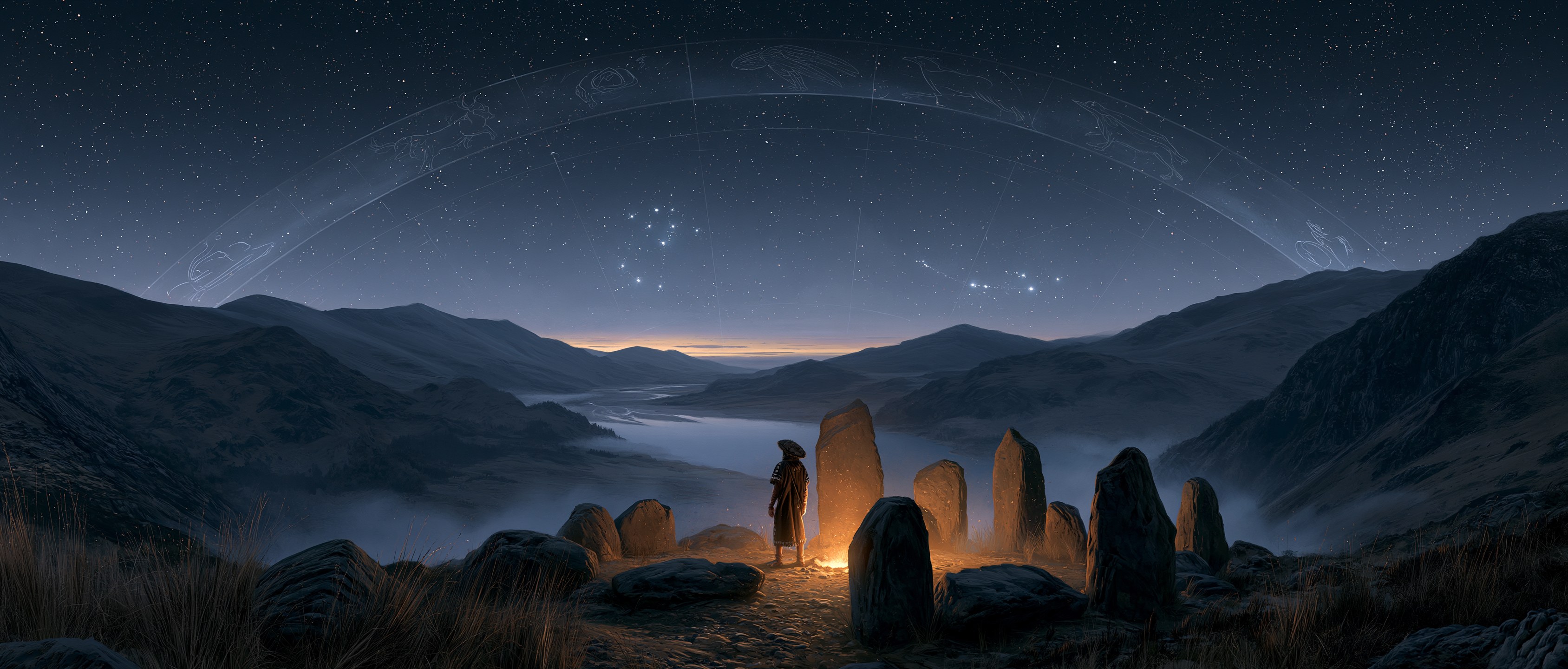 A lone prehistoric skywatcher among weathered standing stones on a Welsh upland ridge, beneath a vast star-wheel of faint zodiac figures arcing over dark mountains and a glacial lake.