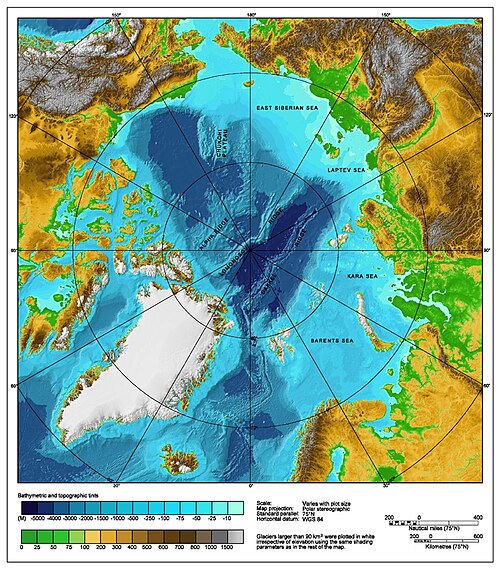 Bathymetric map of the Arctic Ocean with basins and ridges shown in blue relief.