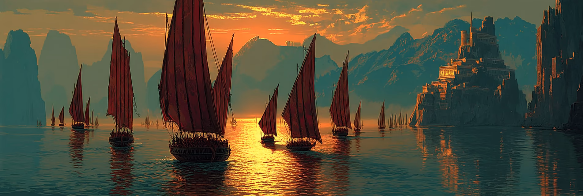 A cinematic ultra-wide late Bronze Age harbor scene with a blue wizard figure, ships, stone architecture, and warm metal light.