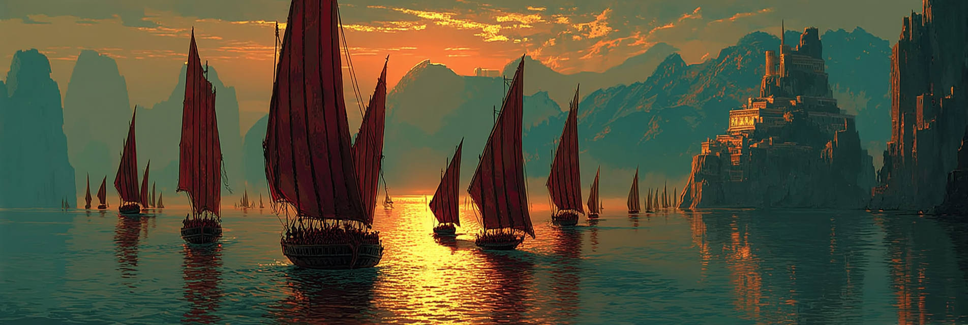 A cinematic ultra-wide late Bronze Age harbor scene with a blue wizard figure, ships, stone architecture, and warm metal light.