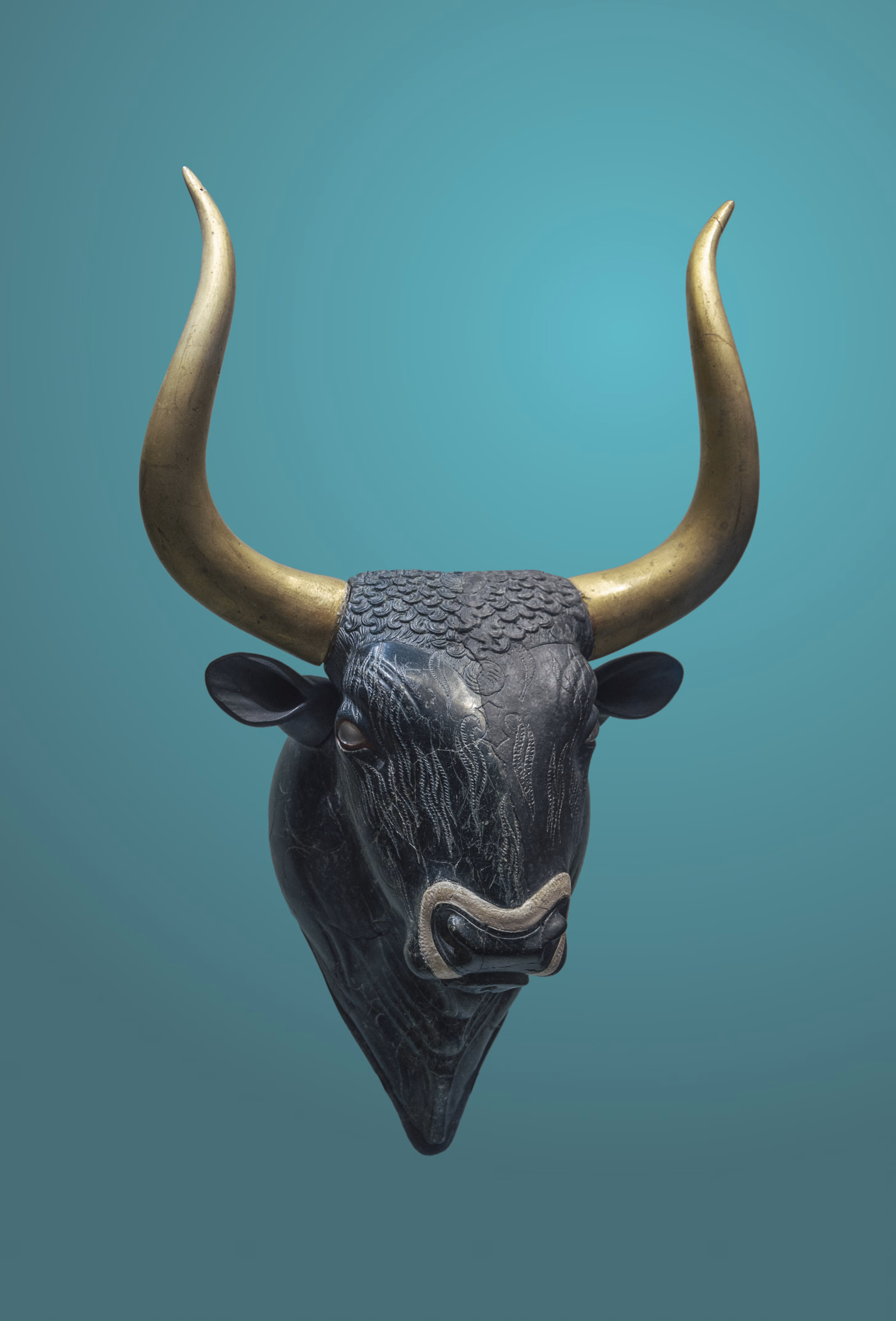 A Minoan stone bull head rhyton with restored golden horns.