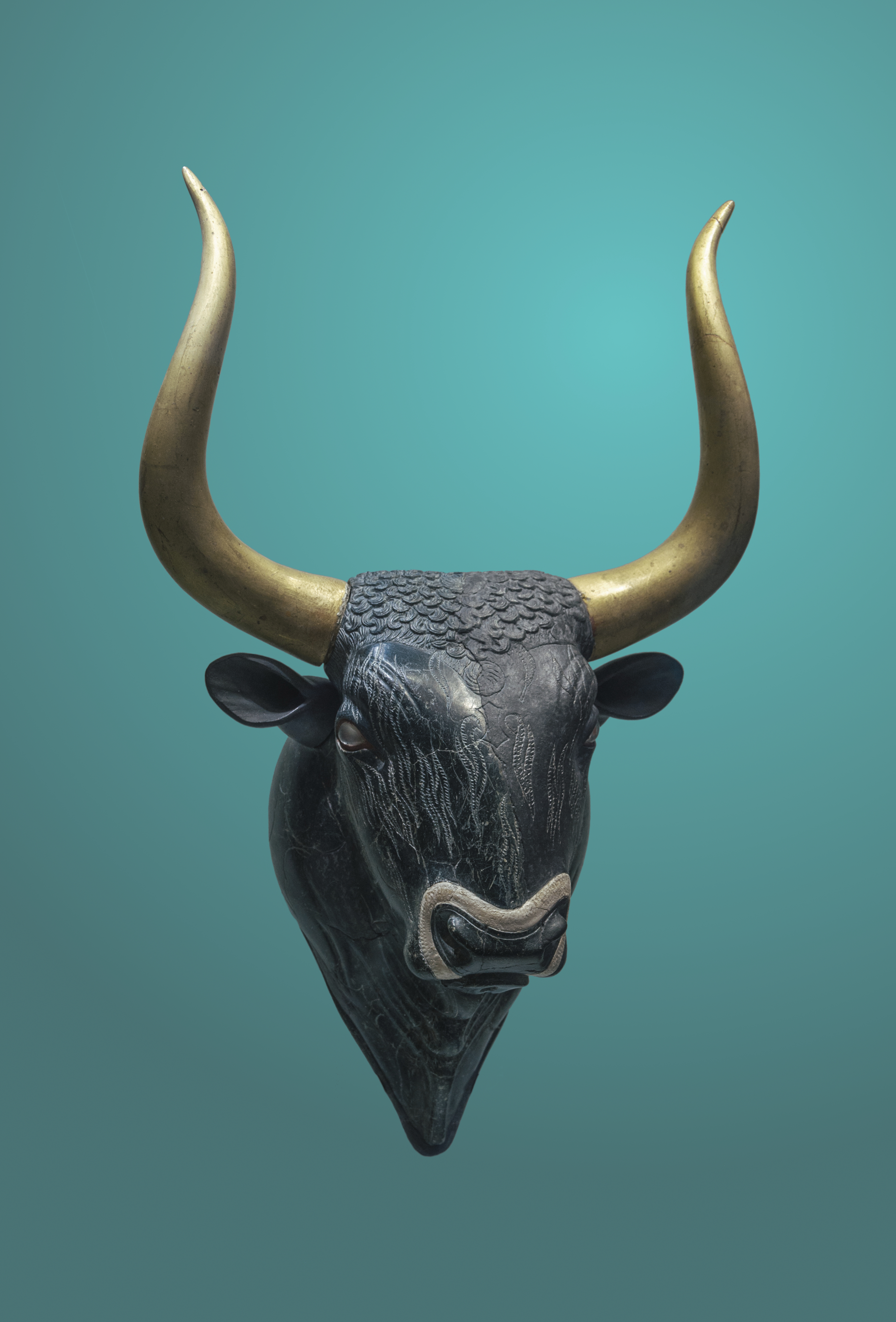 A Minoan stone bull head rhyton with restored golden horns.