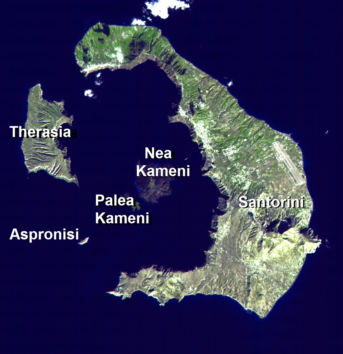 Satellite image of the Santorini caldera with the flooded volcanic ring visible in the Aegean Sea.