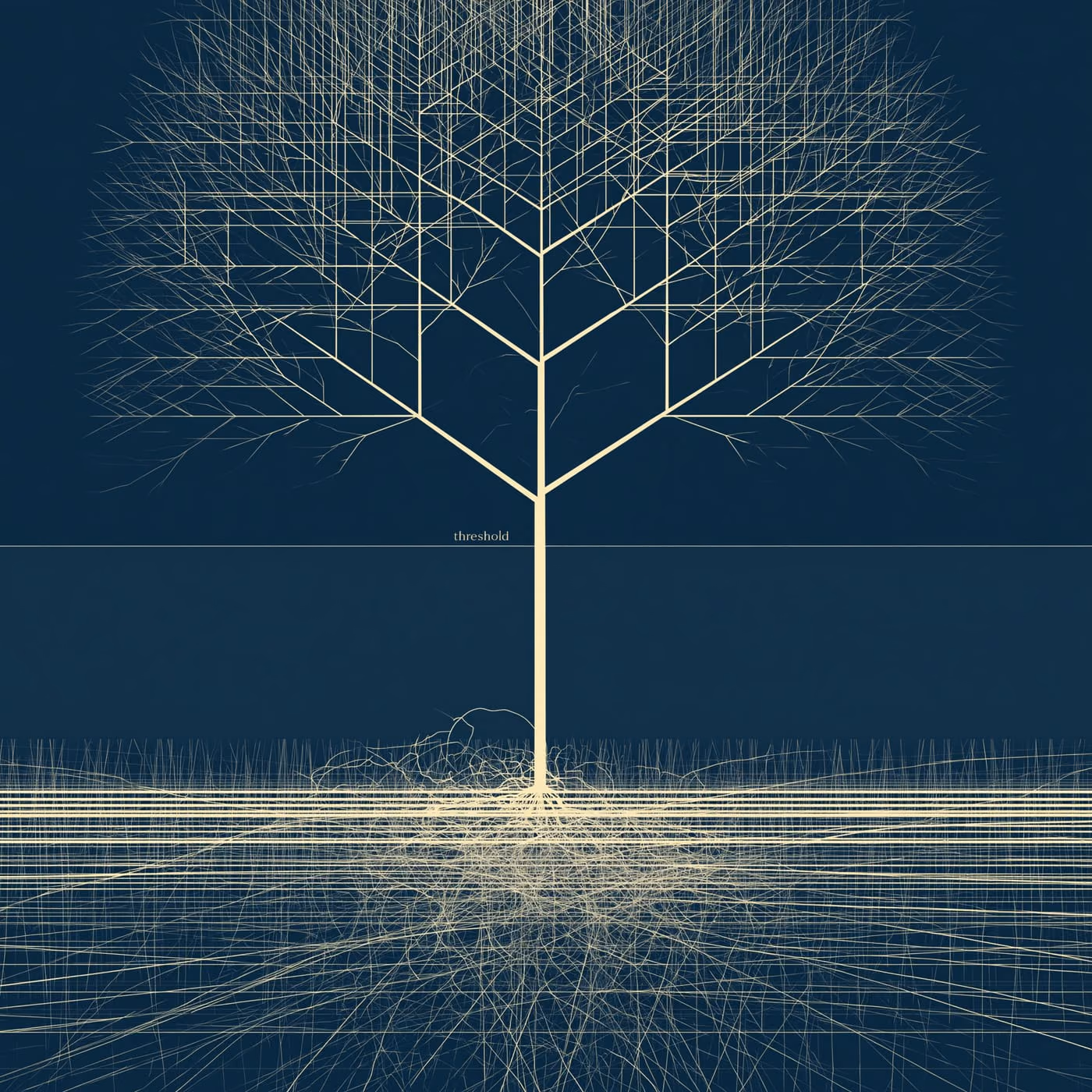 A scientific diagram showing a tangled web of horizontal connections among early protocells at the base, crossing a labeled Darwinian threshold line, then branching cleanly upward into three domains of life.