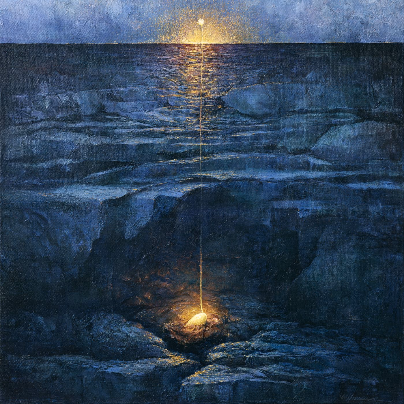 A geological cross-section in which a luminous seed is locked in deep rock layers, a single thin root of light growing upward through the strata toward a bloom of light at the surface.