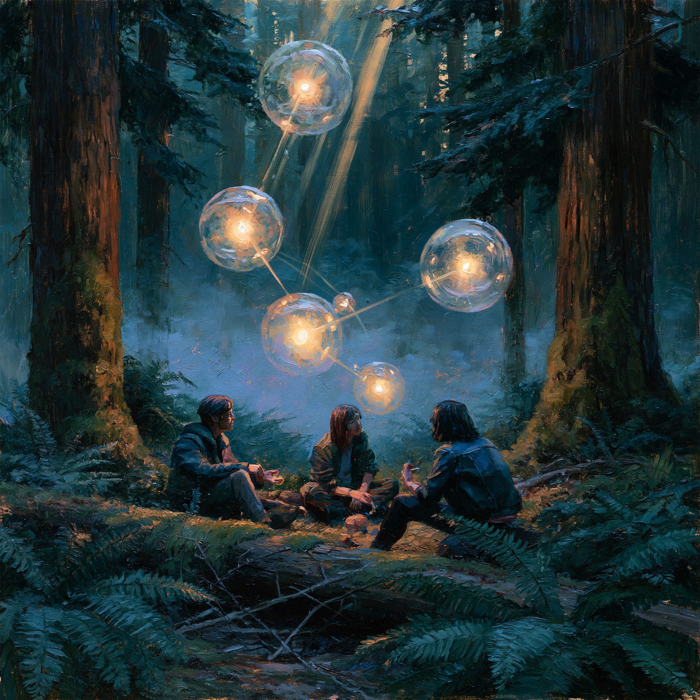 A twilight Pacific Northwest forest clearing where three seated figures talk, with faint glowing spheres of mind floating between them and thin beams of light passing from one to the next.