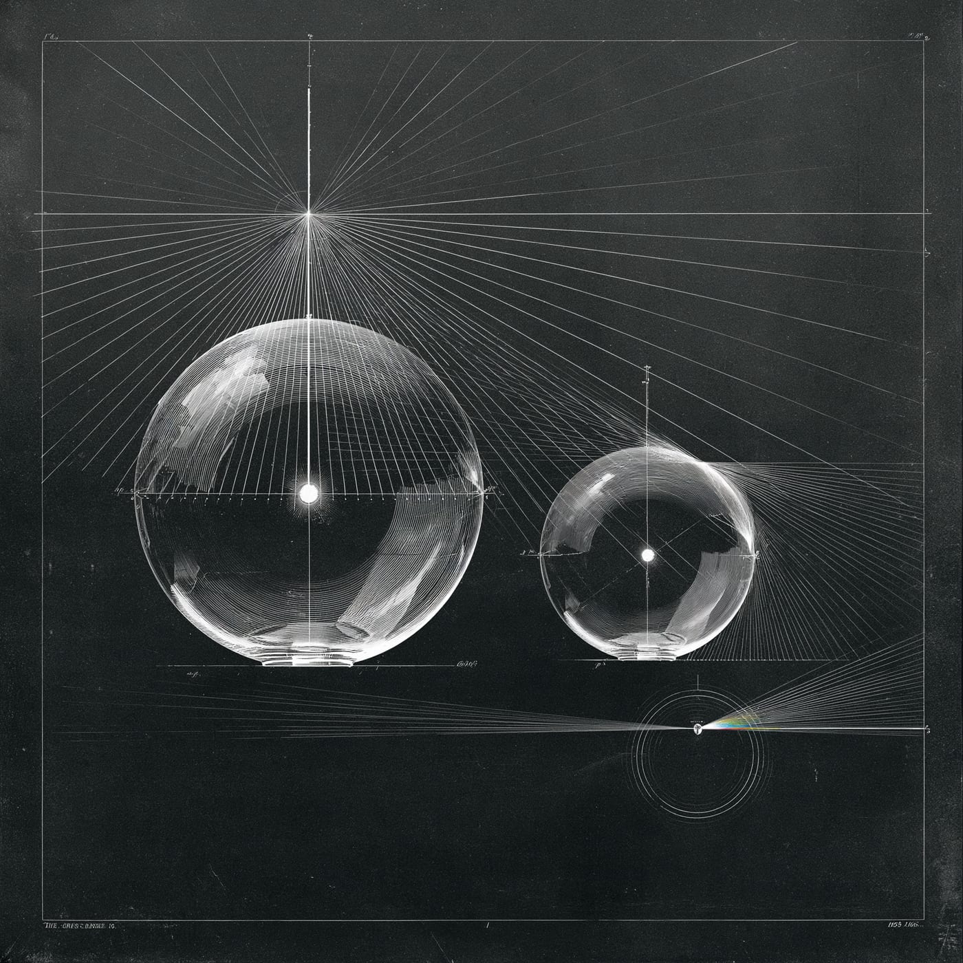 A labeled optics diagram of a clear sphere with a light source at its exact center sending rays out at ninety degrees, beside a second sphere with an off-center source whose rays bend, plus a small impurity refracting a beam into color.