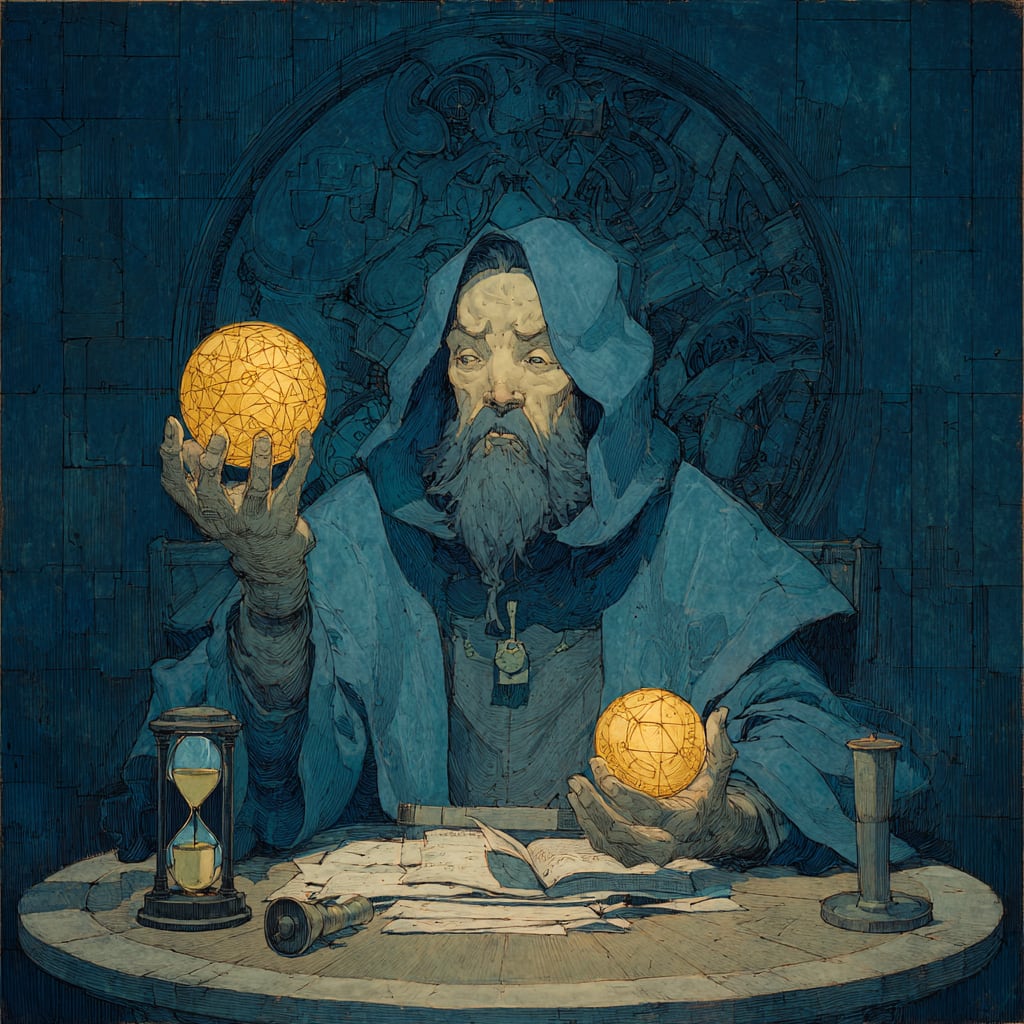 A blue-robed wizard-scholar at a round table holding two glowing orbs, one bright and gold and orderly, the other pale and chaotic, weighing them against each other by candlelight.