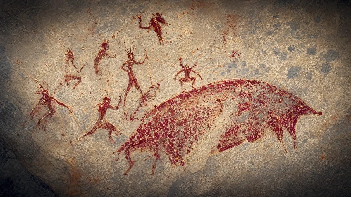 A reproduction of the Leang Karampuang cave painting with red figures and a pig on a dark field.