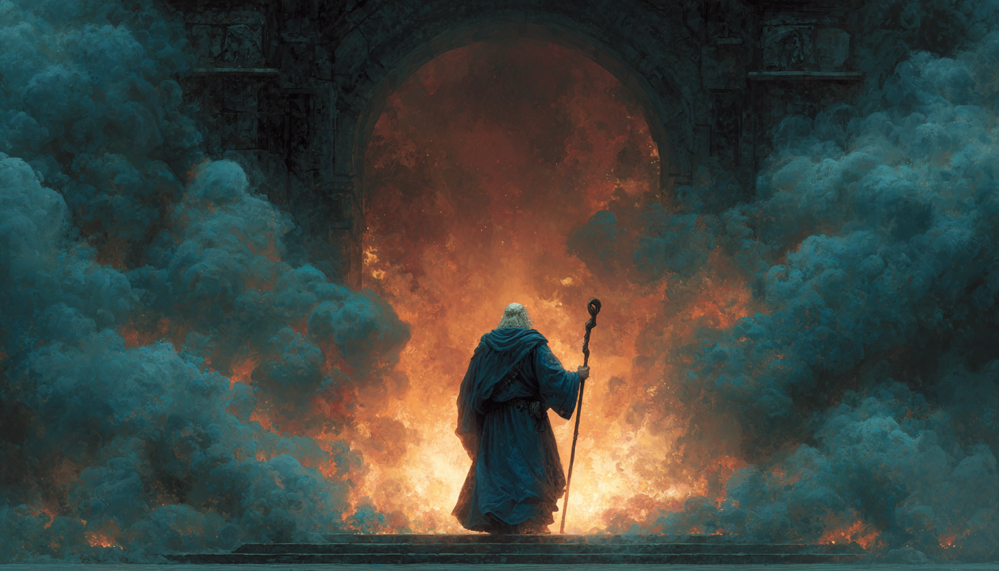 A blue-robed wizard walking from a dark stone chamber into dawn while smoky whispering shadows dissolve behind him.