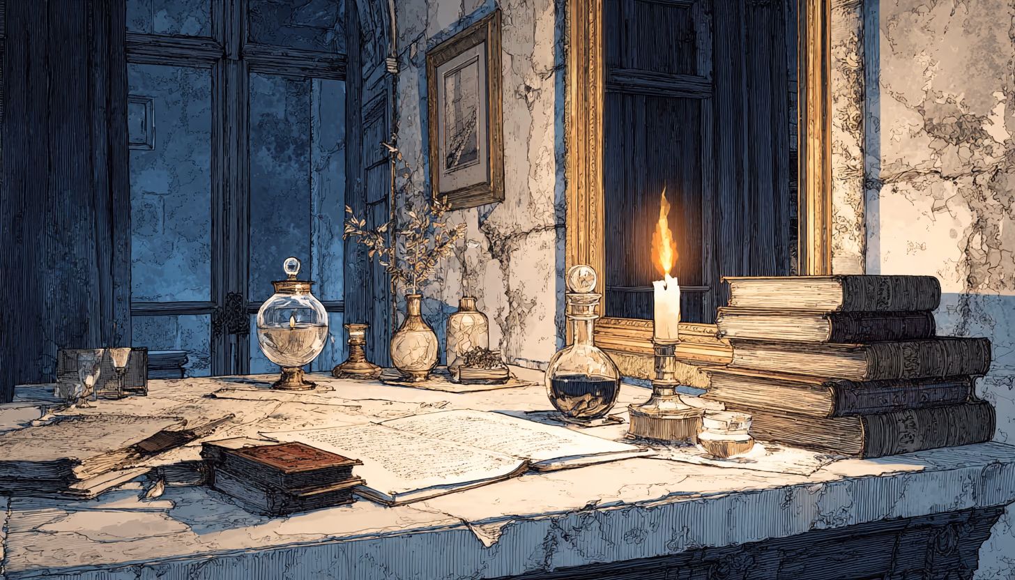An illuminated manuscript desk with candlelight, stacked books, glass vessels, and open pages.