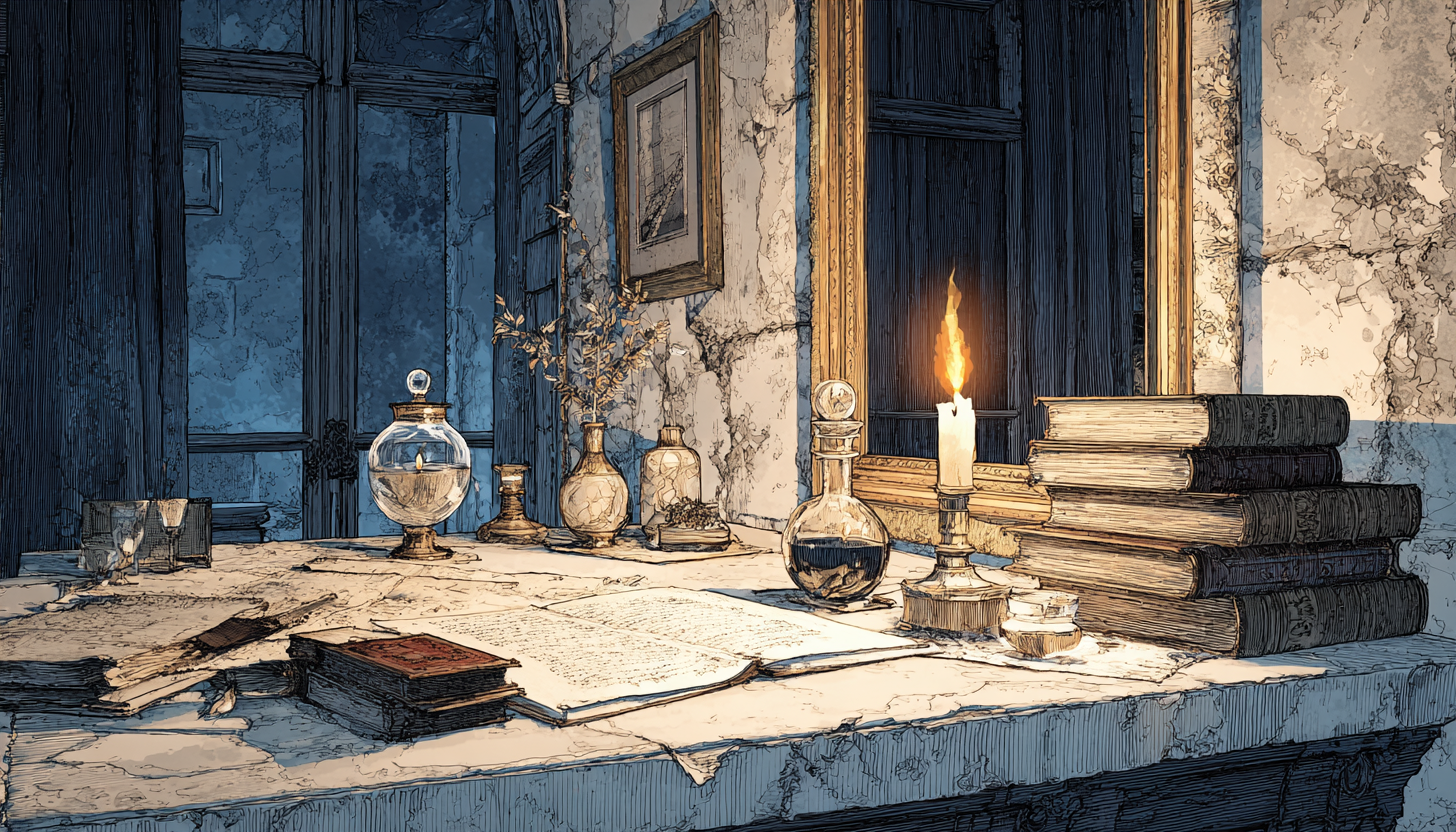 An illuminated manuscript desk with candlelight, stacked books, glass vessels, and open pages.