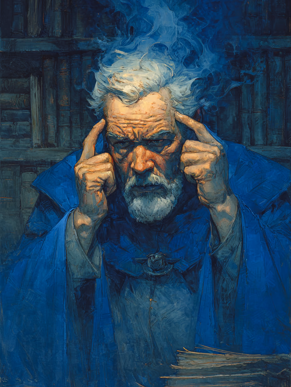 A blue-robed wizard pressing his fingers to his temples while shadowy blue voices coil around his head.