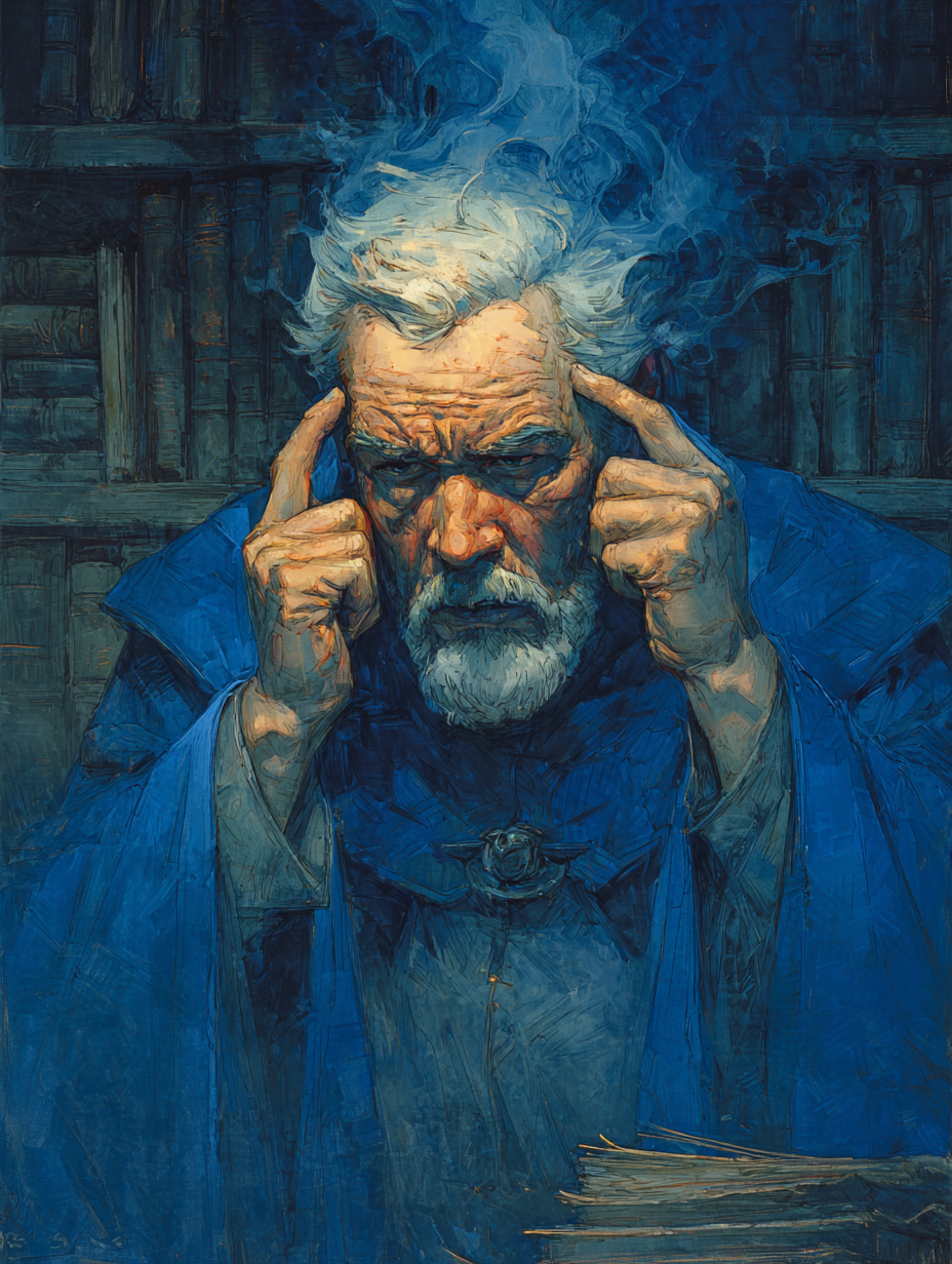 A blue-robed wizard pressing his fingers to his temples while shadowy blue voices coil around his head.