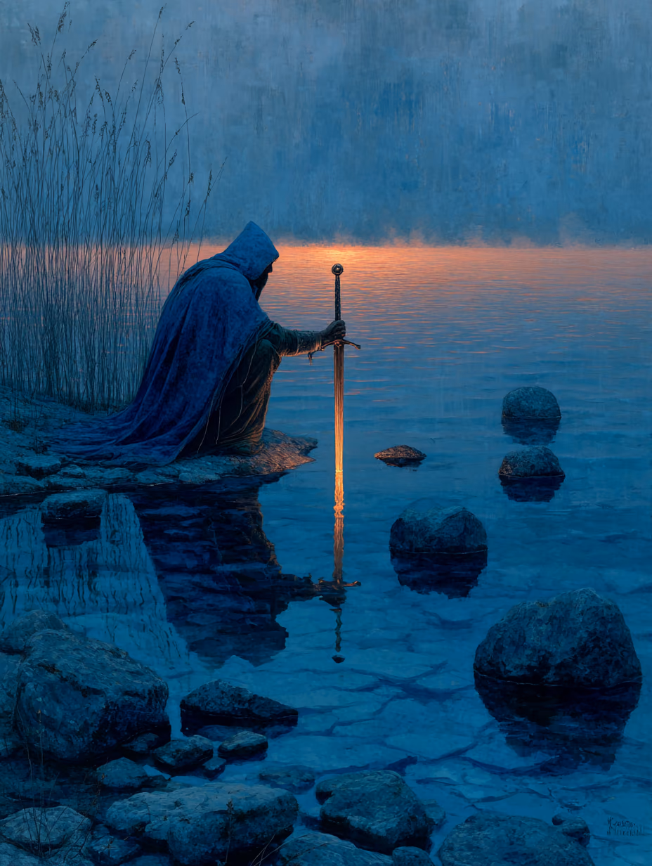 A blue-cloaked wizard kneeling at a misty lake with one hand on a simple sword in the water.