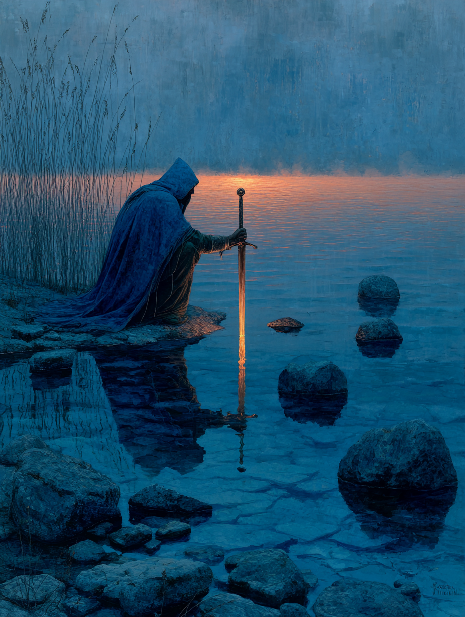 A blue-cloaked wizard kneeling at a misty lake with one hand on a simple sword in the water.