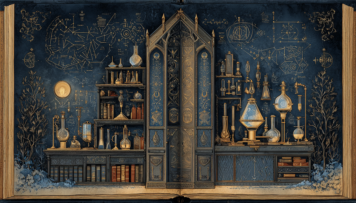An illuminated alchemical laboratory tower opening onto a first page of disciplined wonder.