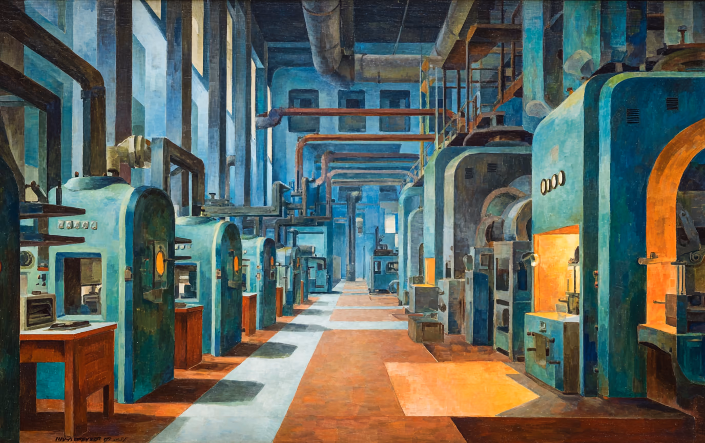 A social realist painting of a machine shop aisle receding into depth, rows of teal presses on both sides, overhead pipework, and warm orange light spilling across the floor from a furnace on the right.
