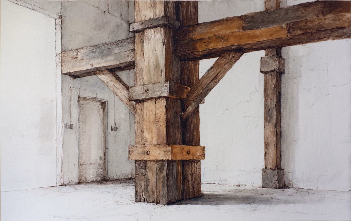 A watercolor and graphite study of an old timber post and its braced cross beams left standing inside a stripped white interior, the weathered grain and iron fixings drawn in fine detail against bare plaster.
