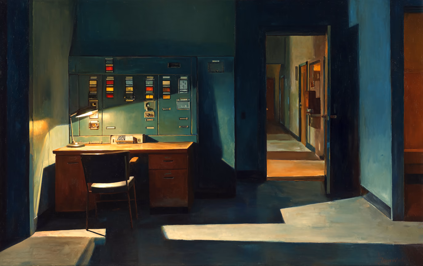 A painting of an empty operations room at night, one desk lamp lit beside a wall of indicator panels, an open door throwing a long rectangle of warm light across the floor.