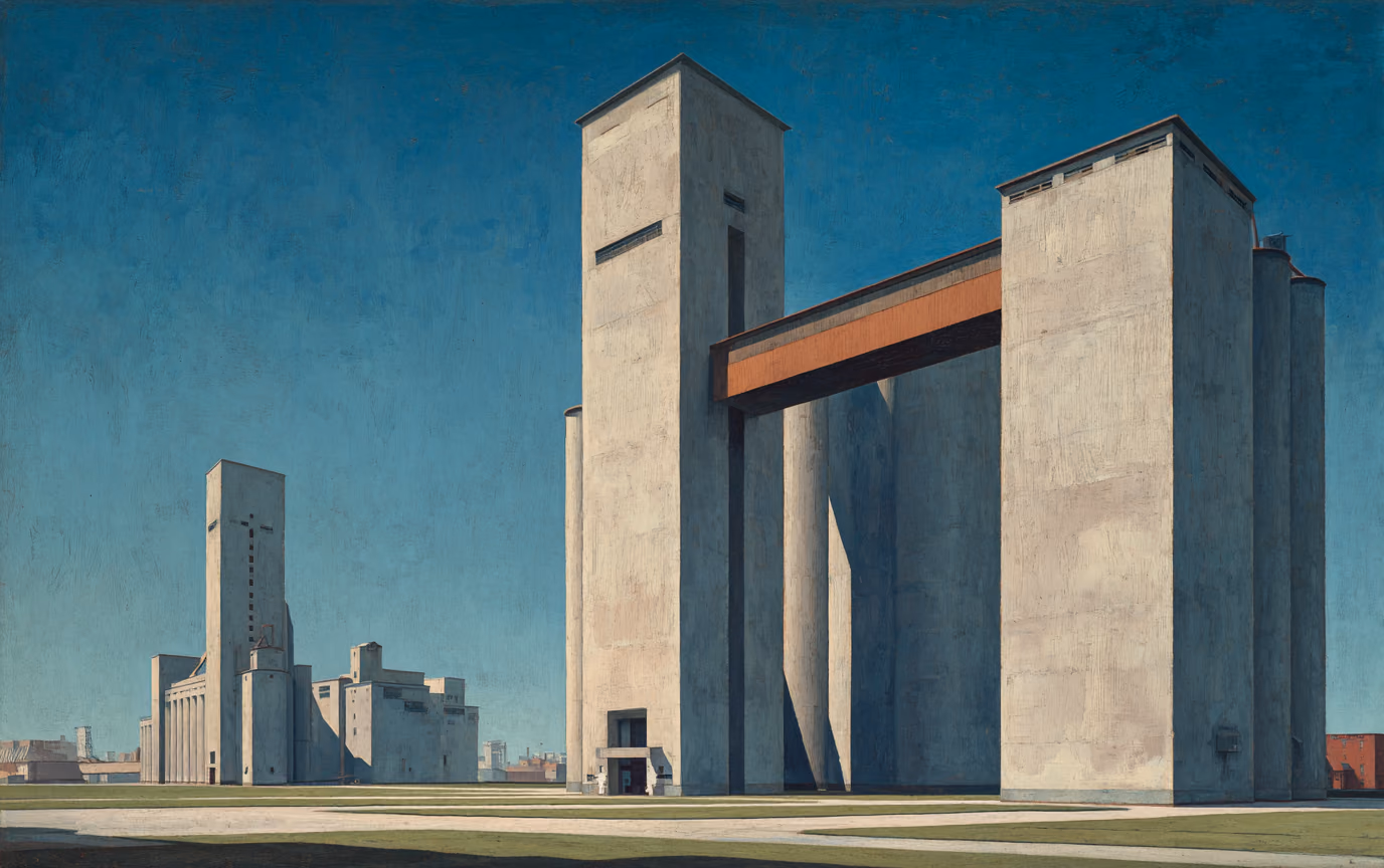A precisionist painting of two vast pale concrete industrial blocks under a deep blue sky, joined high up by a single rust-red bridge, with a smaller complex far off to the left.