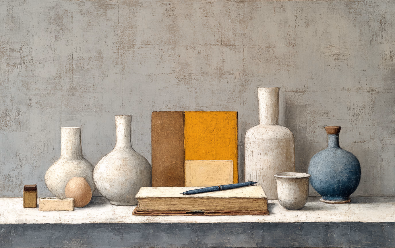 A muted still life of pale vessels on a shelf beside a closed book with a pen resting on it, painted in chalky greys with one ochre panel behind.