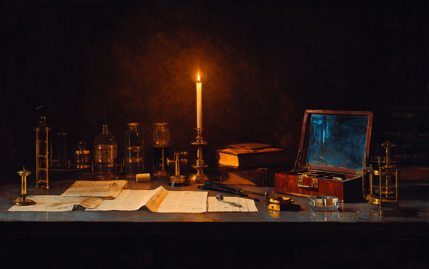 An oil painting of a long table of open ledgers, glass vessels and brass instruments lit by a single candle, the far end of the room in deep shadow.