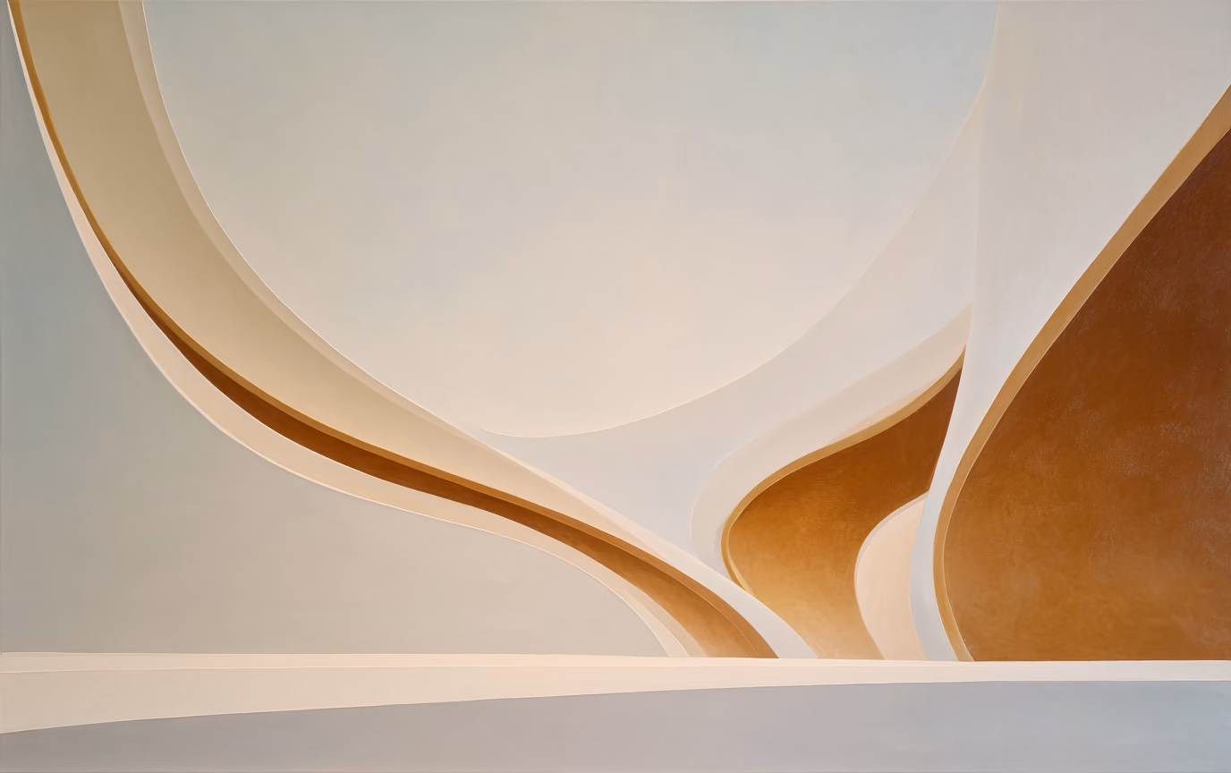 A precisionist close study of large smooth curved forms sweeping across the frame, rendered in bone white, pale grey and warm ochre with no visible brushwork, the shapes enlarged until they read as pure line and volume.